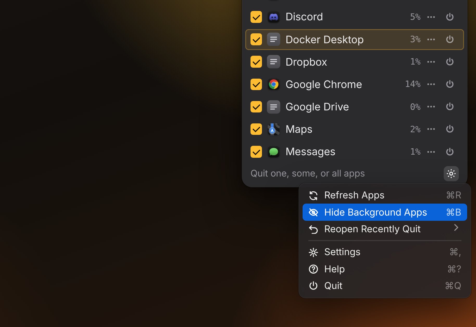 The QuitX menu showing background apps and the View Background Apps option