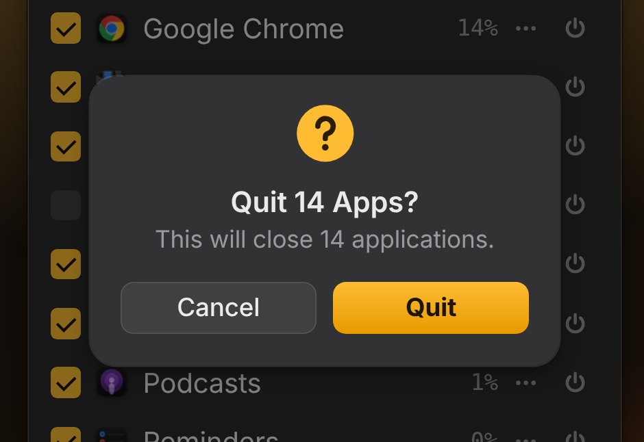 QuitX asking Quit 14 Apps? with Cancel and Quit buttons