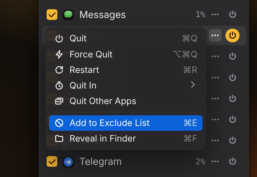 A row menu in QuitX with Add to Exclude List selected