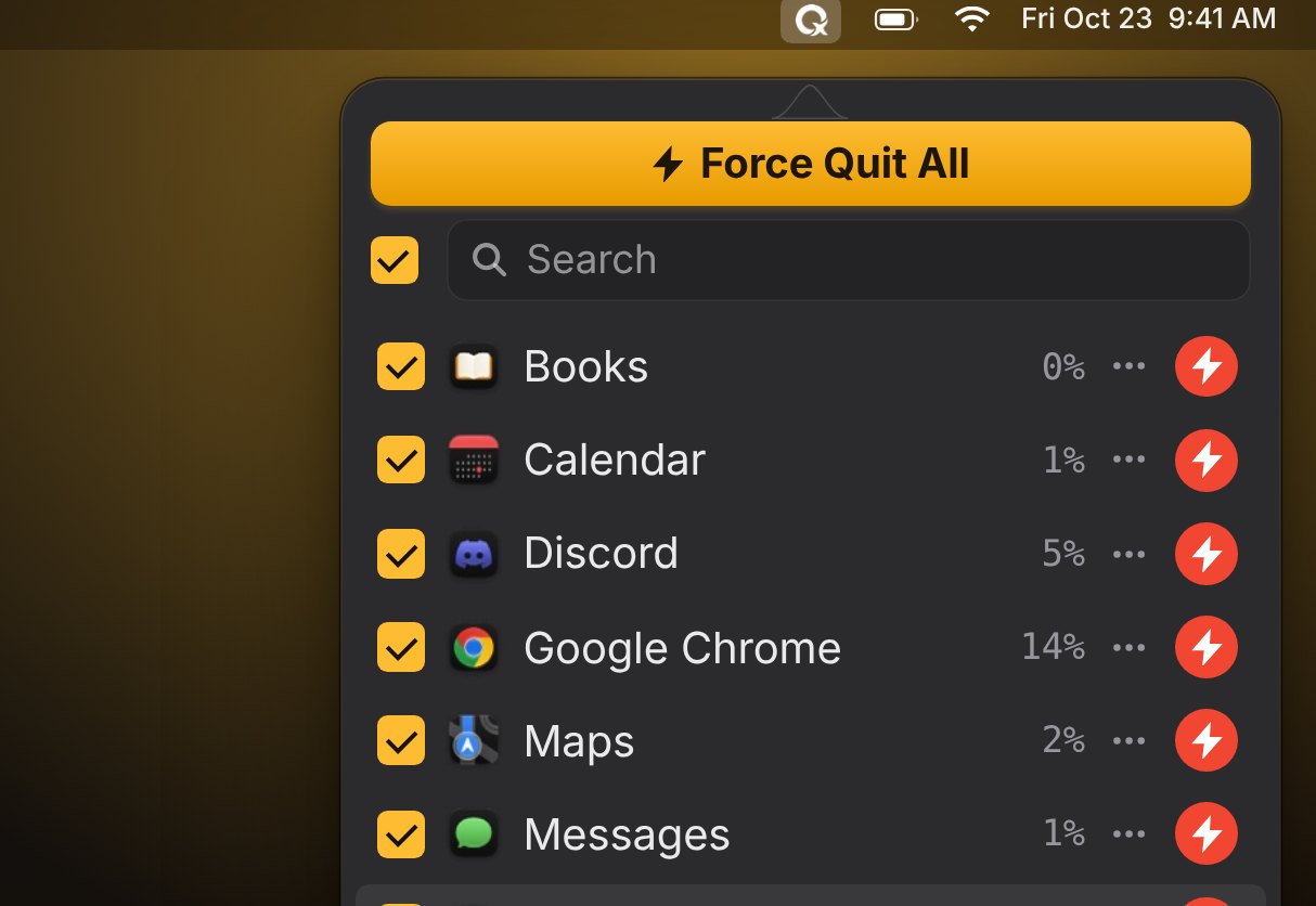 The QuitX menu in force quit mode with Force Quit All