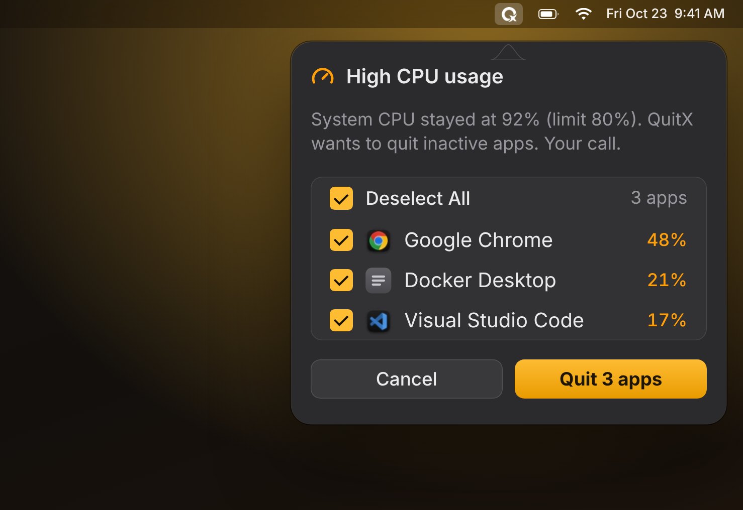 QuitX warning about high CPU usage and offering to quit three apps