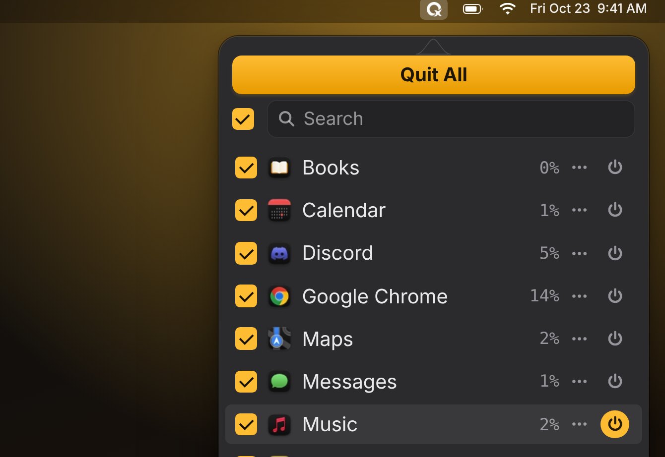 The QuitX menu listing running apps with a Quit All button