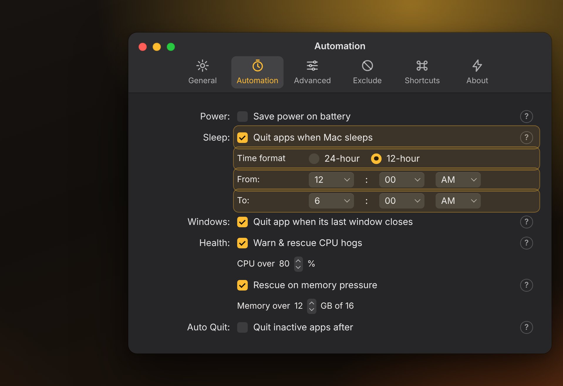 QuitX Automation settings with Quit apps when Mac sleeps turned on