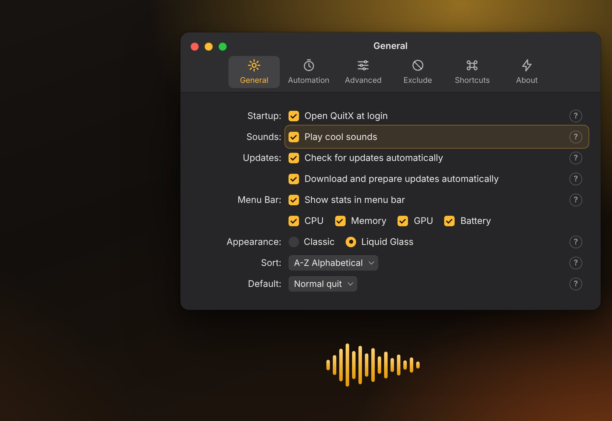 QuitX General settings with Play cool sounds turned on