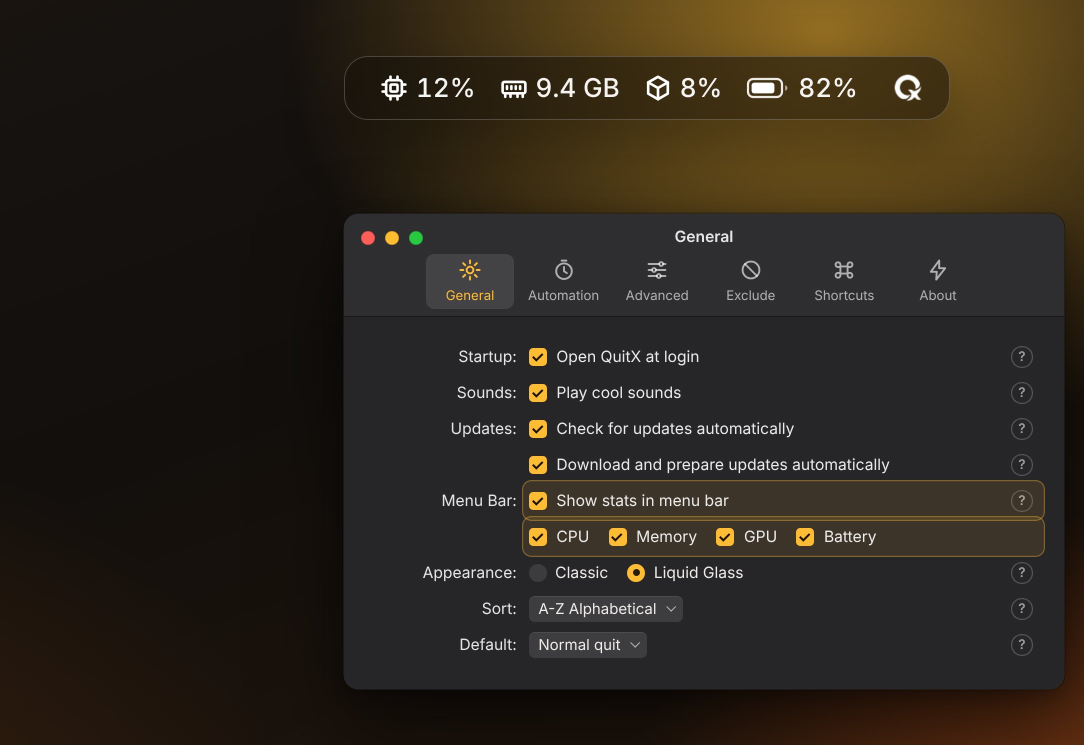 CPU, memory, GPU and battery stats in the menu bar with QuitX settings