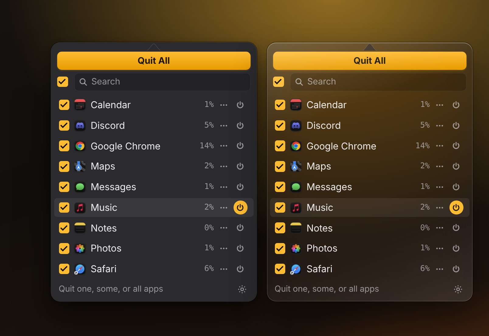 The QuitX menu in the Classic and Liquid Glass styles side by side