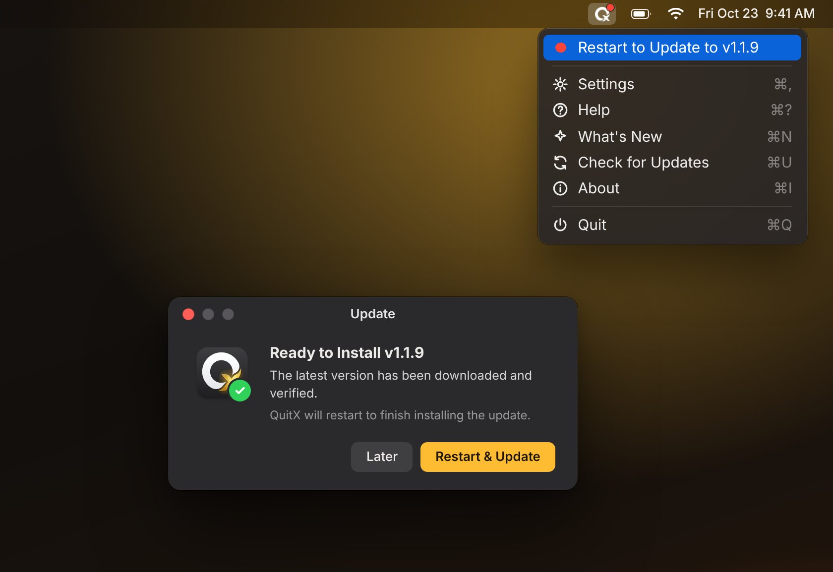 The QuitX menu showing Restart to Update next to the Update window